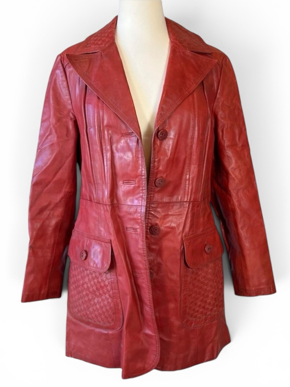 Vintage 70’s Custom Leather Boutique Leather Coat with Woven Pockets in Red Rust